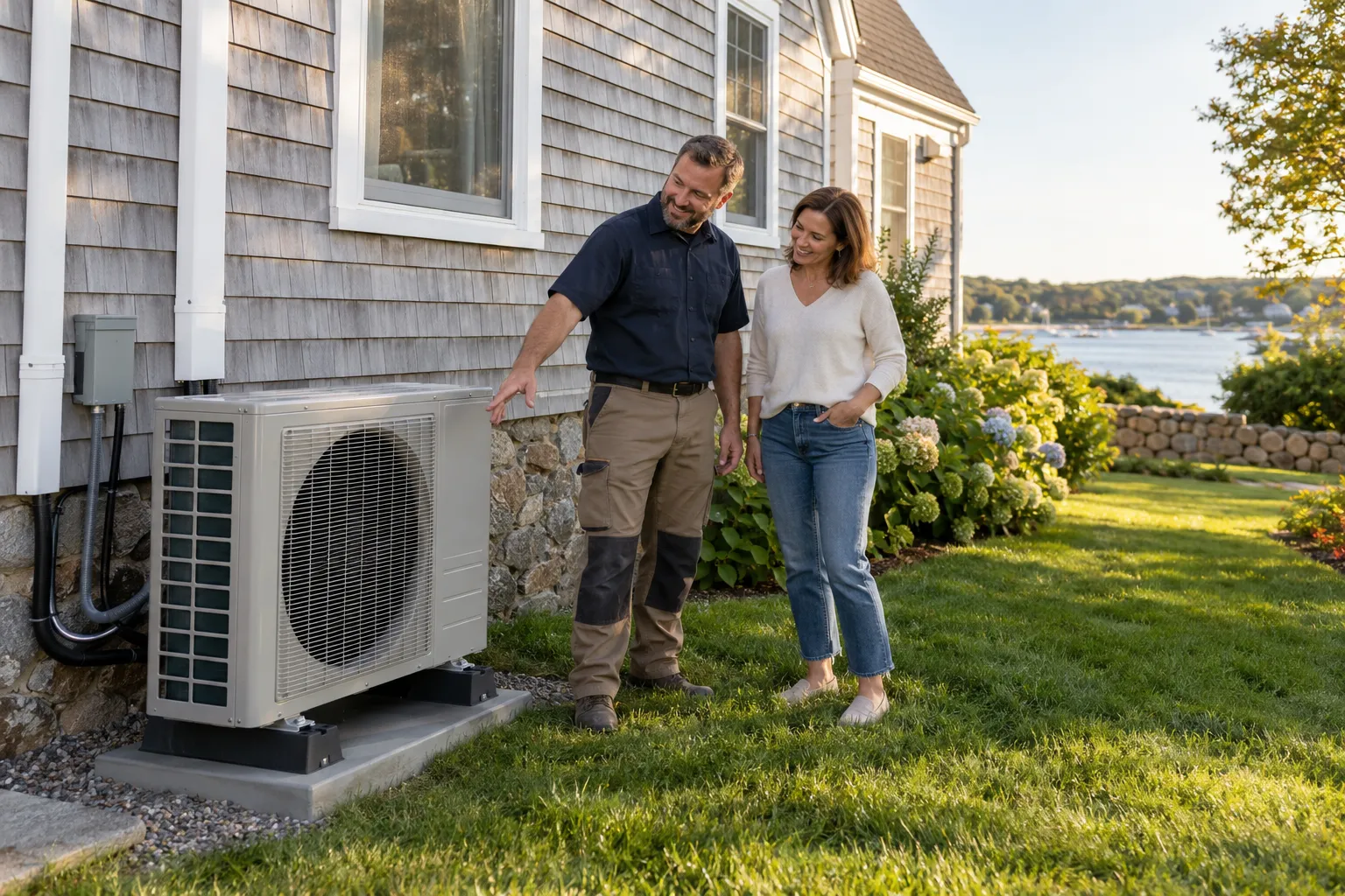 Friendly HVAC provider and a homeowner reviewing a new outdoor AC unit beside an older home in Taunton