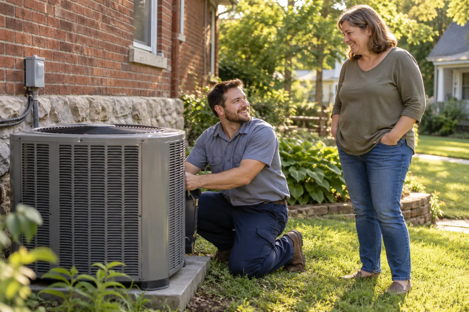 Friendly HVAC provider checking an outdoor air conditioning unit beside an older home in Taunton
