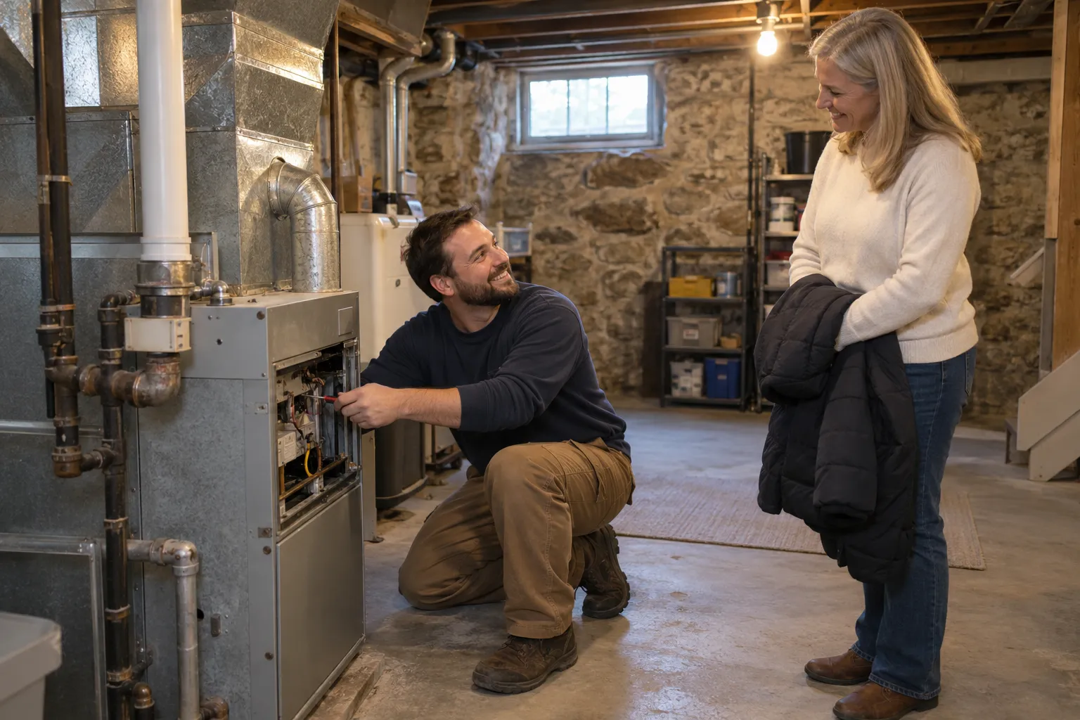 A friendly provider checking a gas furnace in the basement of an older home in Taunton