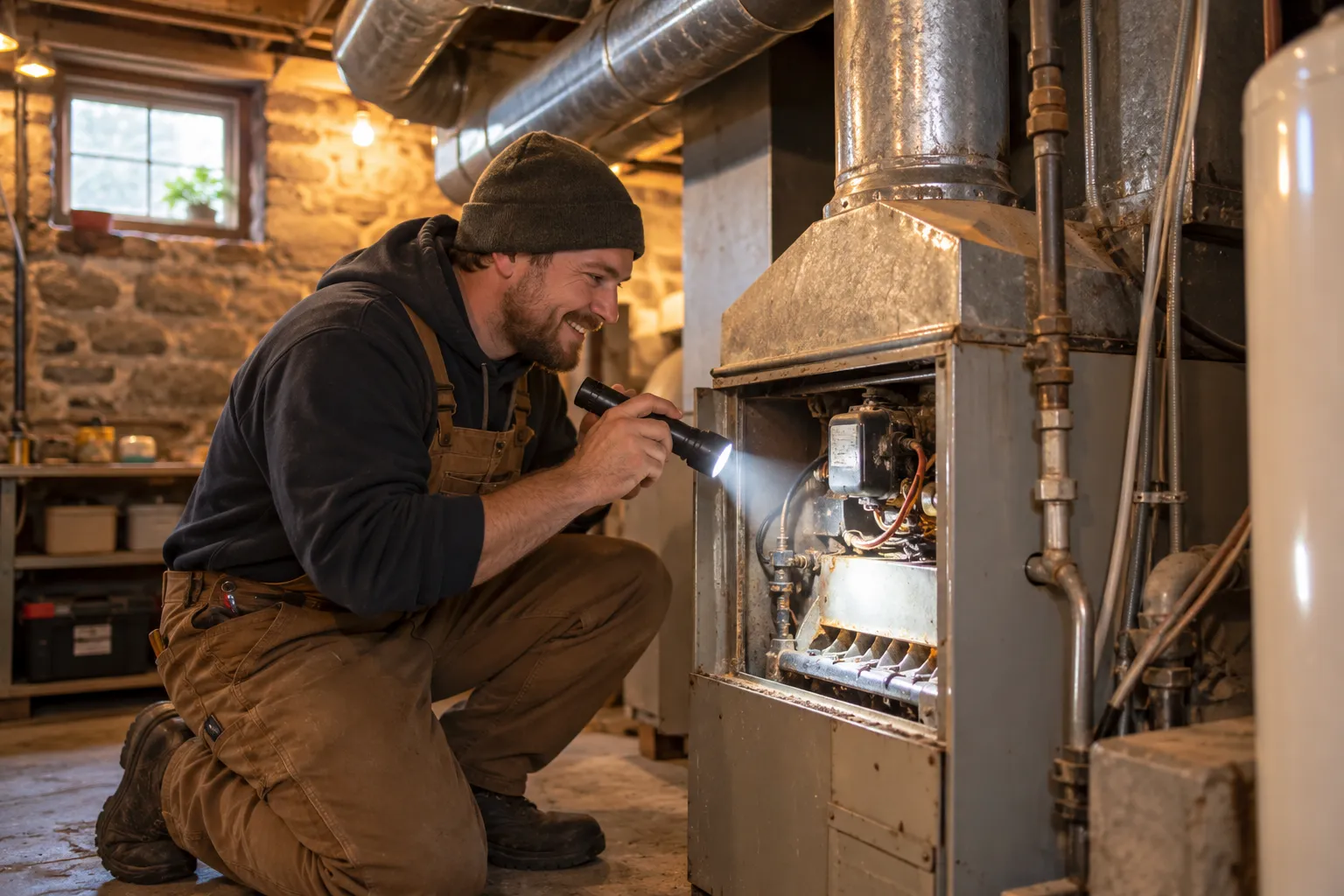 Provider checking an older furnace in a basement in the Taunton area